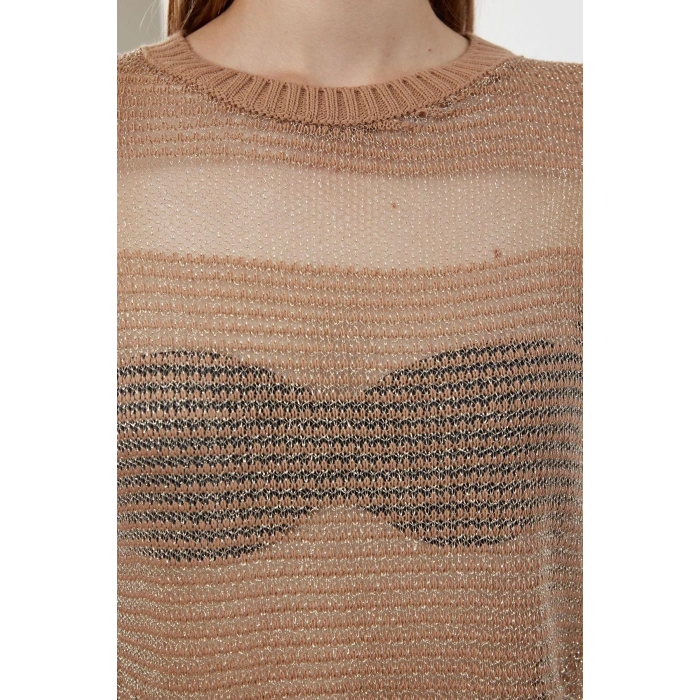Kadın Moda Şık Bisiklet Yaka Standart Kol Regular Crop Transparan Geçişli Simli Triko Kazak