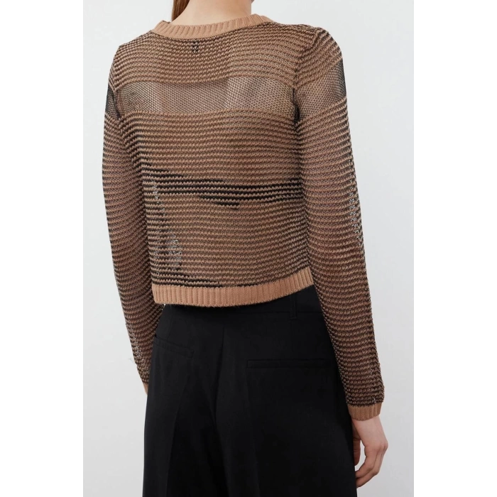 Kadın Moda Şık Bisiklet Yaka Standart Kol Regular Crop Transparan Geçişli Simli Triko Kazak