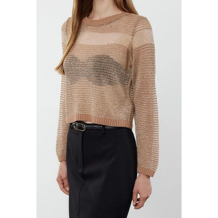 Kadın Moda Şık Bisiklet Yaka Standart Kol Regular Crop Transparan Geçişli Simli Triko Kazak