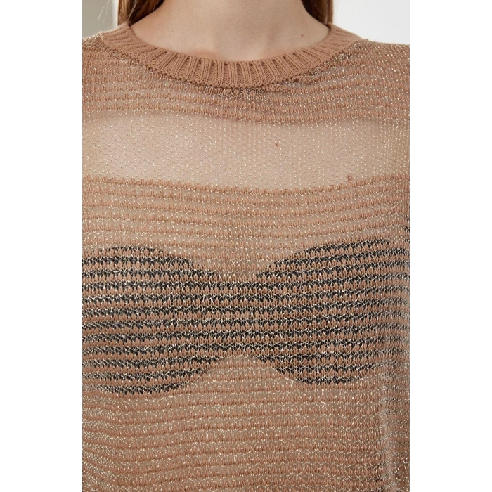 Kadın Moda Şık Bisiklet Yaka Standart Kol Regular Crop Transparan Geçişli Simli Triko Kazak