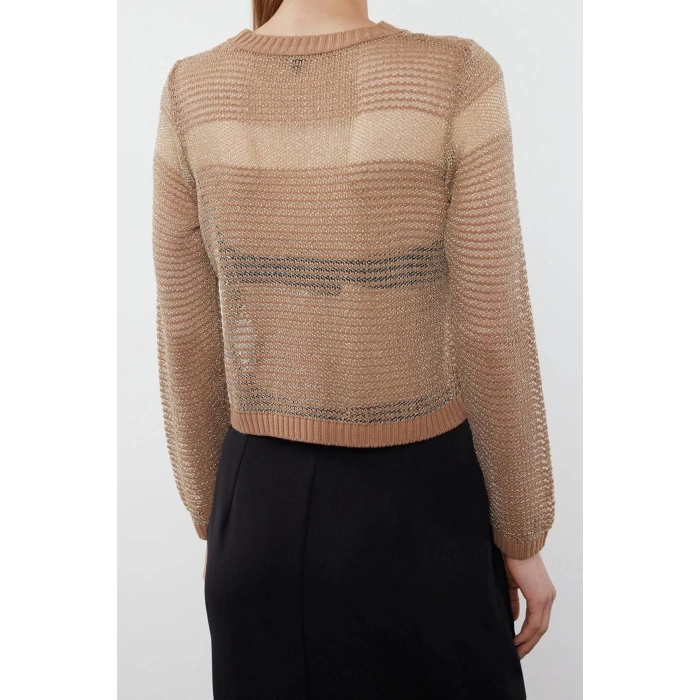 Kadın Moda Şık Bisiklet Yaka Standart Kol Regular Crop Transparan Geçişli Simli Triko Kazak