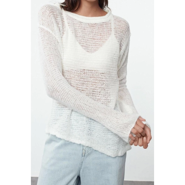 Women Fashion Stylish Boat Neck Standard Sleeve Regular Transparent Knitwear Sweater
