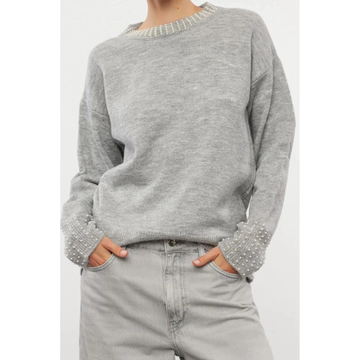 Women Fashion Stylish Crew Neck Standard Sleeve Regular Soft Texture Stone Knitted Sweater
