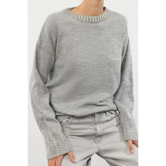 Women Fashion Stylish Crew Neck Standard Sleeve Regular Soft Texture Stone Knitted Sweater