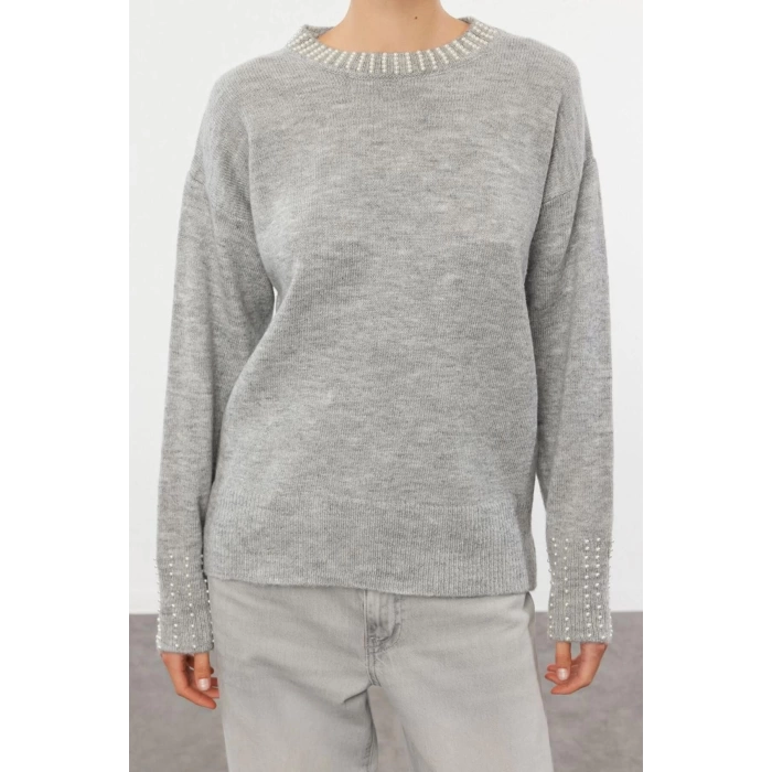 Women Fashion Stylish Crew Neck Standard Sleeve Regular Soft Texture Stone Knitted Sweater