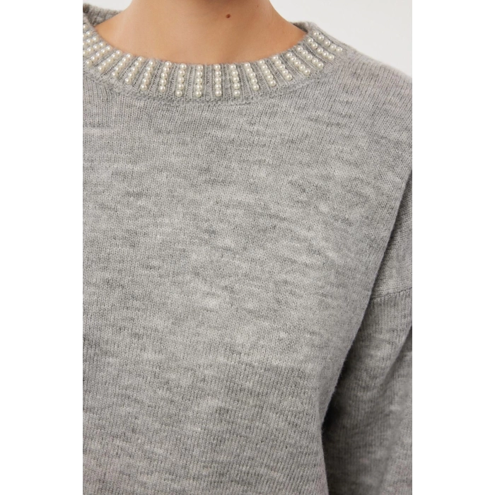 Women Fashion Stylish Crew Neck Standard Sleeve Regular Soft Texture Stone Knitted Sweater