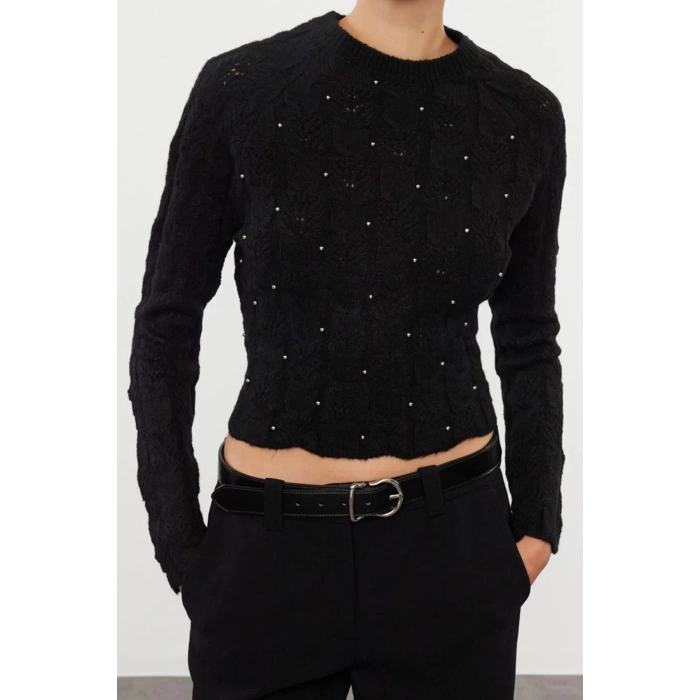 Women Fashion Stylish Crew Neck Standard Sleeve Regular Crop Soft Texture Stone Knitted Sweater
