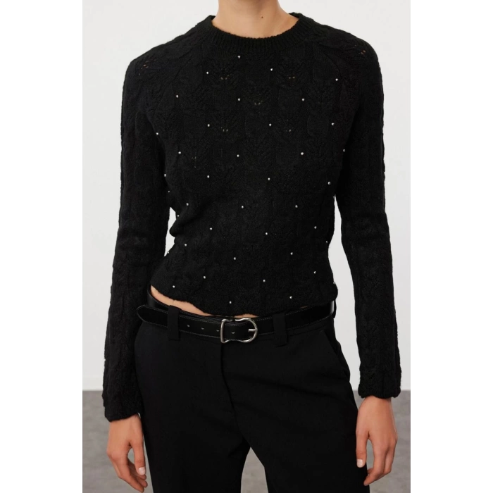 Women Fashion Stylish Crew Neck Standard Sleeve Regular Crop Soft Texture Stone Knitted Sweater