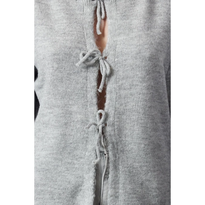 Women Fashion Stylish Crew Neck Standard Sleeve Regular Soft Texture Ribbon Knitwear Sweater-Cardigan