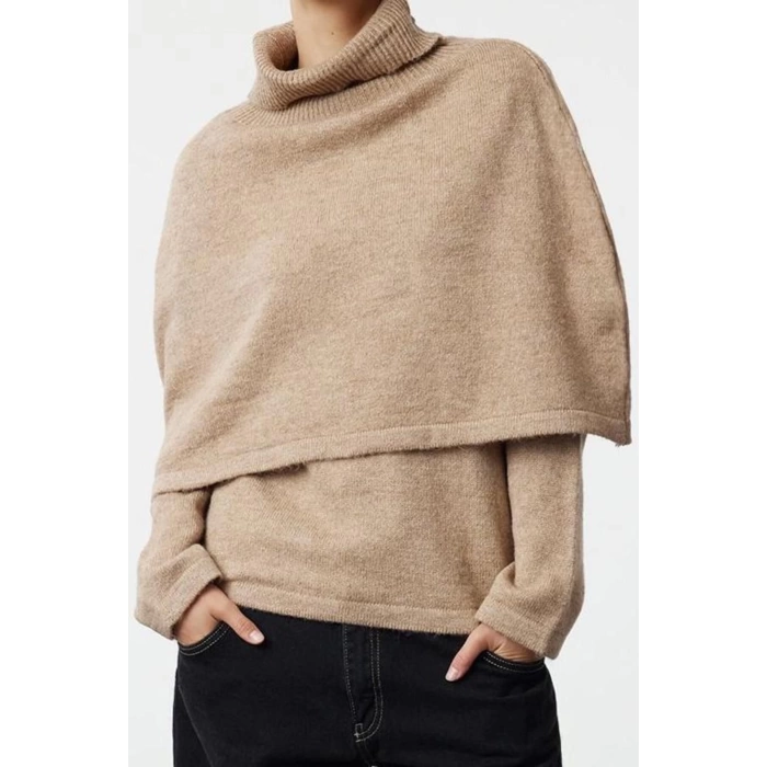 Women Fashion Stylish Stand Collar Standard Sleeve Regular Soft Texture Poncho Knitwear Sweater