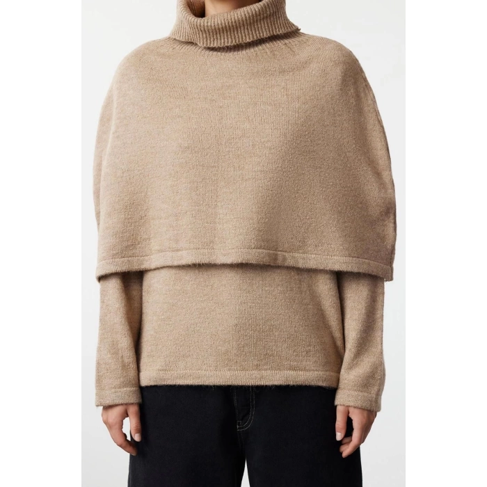 Women Fashion Stylish Stand Collar Standard Sleeve Regular Soft Texture Poncho Knitwear Sweater