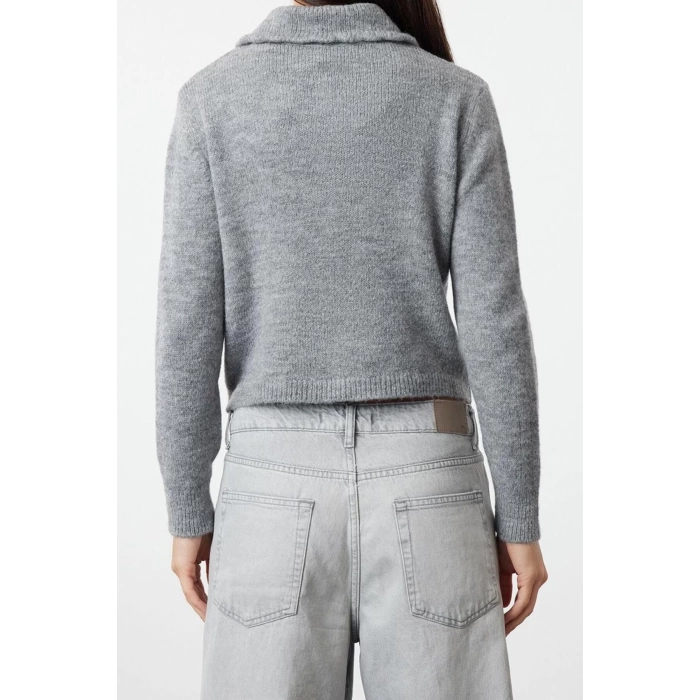 Women Fashion Stylish Polo Neck Standard Sleeve Regular Collar Detailed Floral Knitwear Sweater
