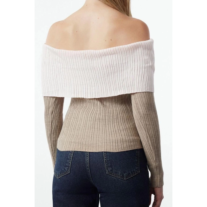 Women Fashion Stylish Carmen Collar Standard Sleeve Regular Ecru001 Color Block Knitwear Sweater