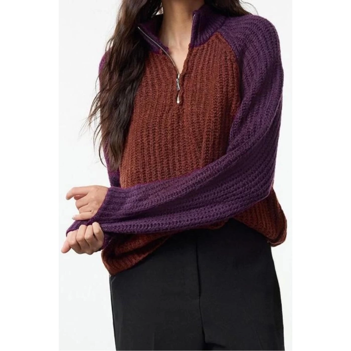 Women Fashion Stylish Stand Collar Standard Sleeve Regular Color Block Zippered Knitwear Sweater