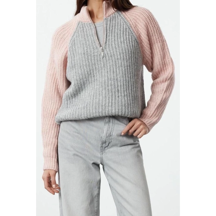Women Fashion Stylish Stand Collar Standard Sleeve Regular Color Block Zippered Knitwear Sweater