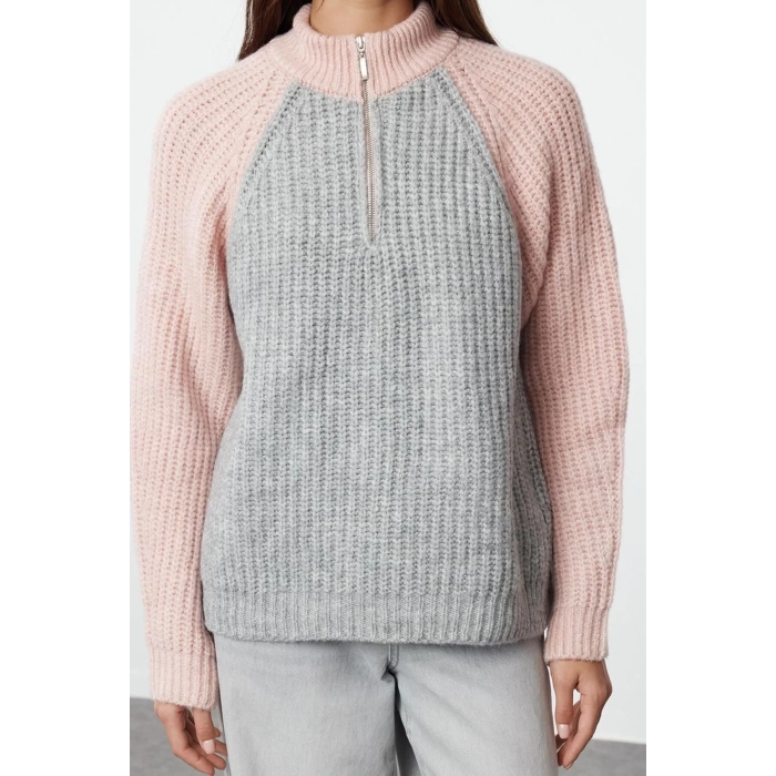 Women Fashion Stylish Stand Collar Standard Sleeve Regular Color Block Zippered Knitwear Sweater