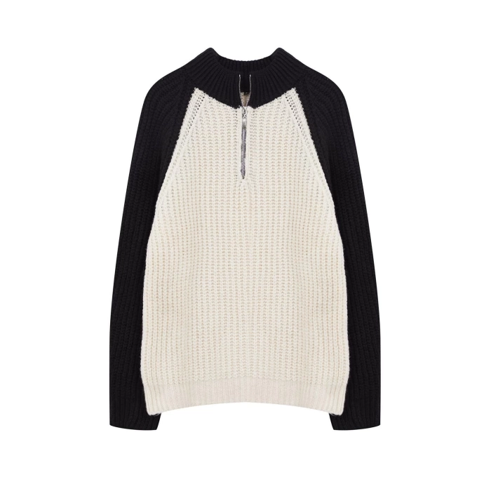 Women Fashion Stylish Stand Collar Standard Sleeve Regular Color Block Zippered Knitwear Sweater