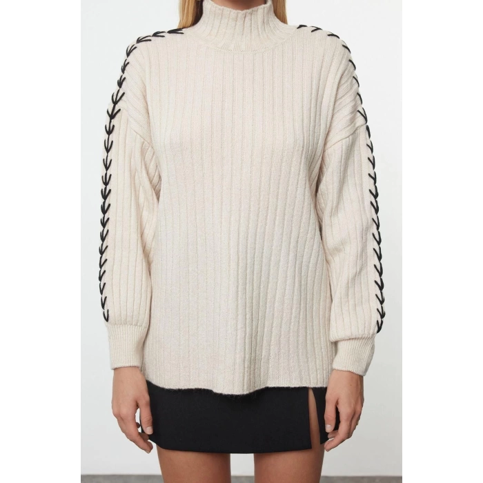 Women Fashion Stylish Stand Collar Standard Sleeve Regular Knitted Sweater