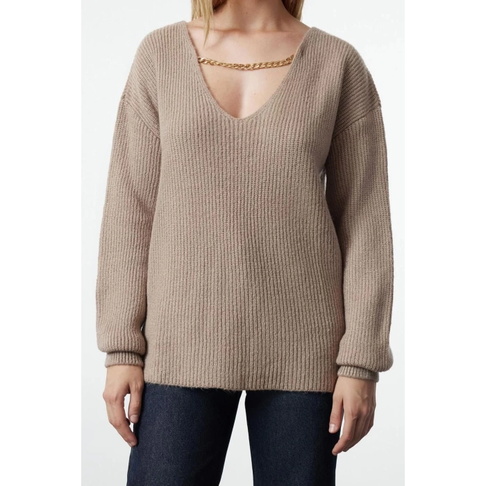 Kadın Moda Şık V Yaka Standart Kol Regular Yumuşak Dokulu Triko Kazak