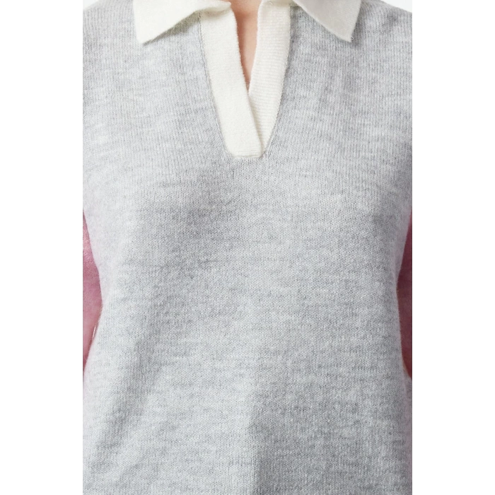 Women Fashion Stylish Polo Neck Standard Sleeve Regular Soft Texture Color Block Knitwear Sweater