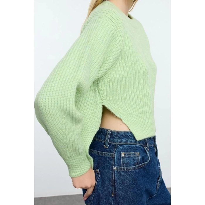 Kadın Moda Şık Bisiklet Yaka Standart Kol Regular Crop Basic Balon Kol Triko Kazak