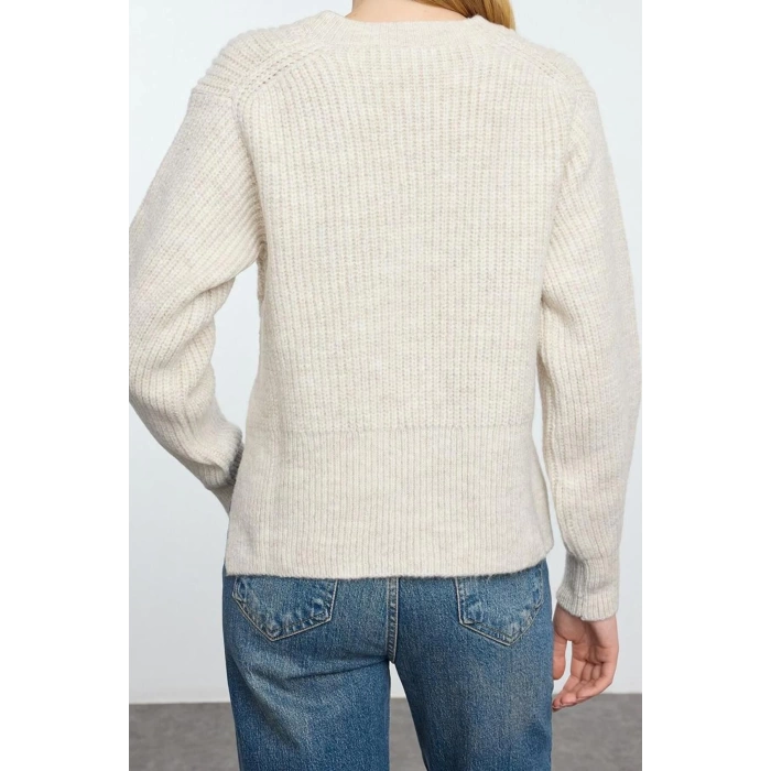Kadın Moda Şık Bisiklet Yaka Standart Kol Regular Crop Basic Balon Kol Triko Kazak
