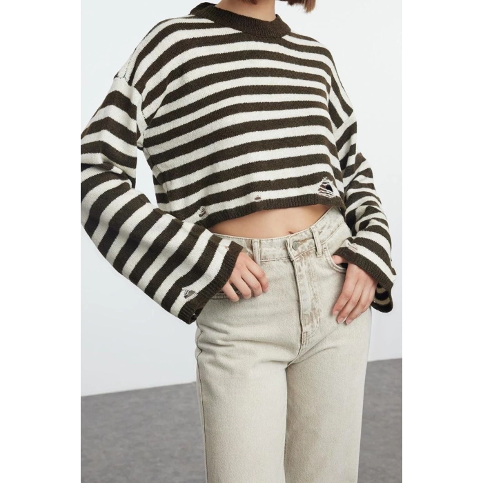 Kadın Moda Şık Bisiklet Yaka Standart Kol Regular Yumuşak Dokulu Crop Triko Kazak