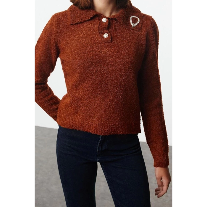 Womens Fashion Stylish Polo Collar Standard Sleeve Regular Soft Textured Bronch Detailed Knitwear Sweater