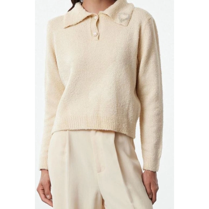 Womens Fashion Stylish Polo Collar Standard Sleeve Regular Soft Textured Bronch Detailed Knitwear Sweater