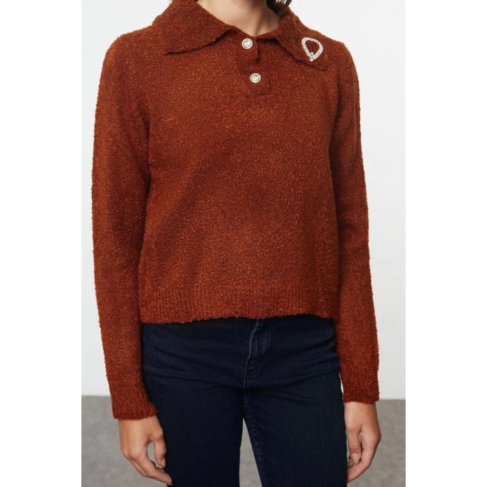 Womens Fashion Stylish Polo Collar Standard Sleeve Regular Soft Textured Bronch Detailed Knitwear Sweater