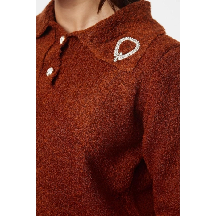 Womens Fashion Stylish Polo Collar Standard Sleeve Regular Soft Textured Bronch Detailed Knitwear Sweater