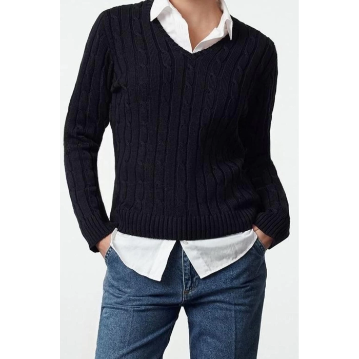 Women Fashion Stylish V Neck Standard Sleeve Regular Basic Cotton Knitted Sweater