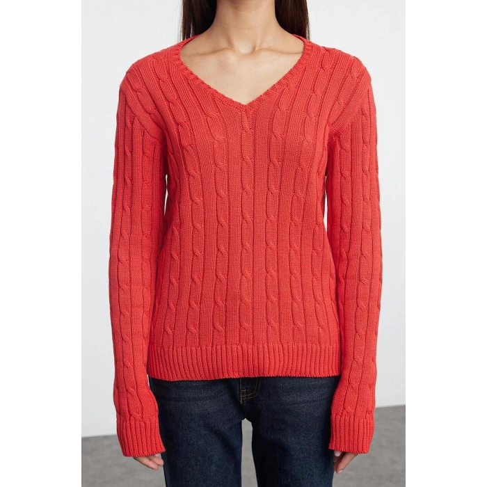 Women Fashion Stylish V Neck Standard Sleeve Regular Basic Cotton Knitted Sweater