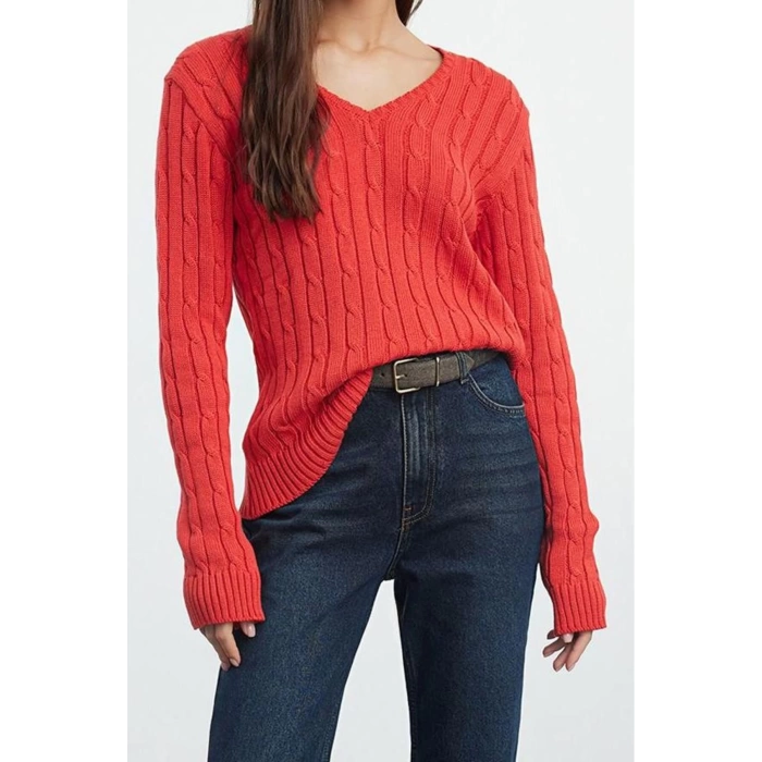Women Fashion Stylish V Neck Standard Sleeve Regular Basic Cotton Knitted Sweater