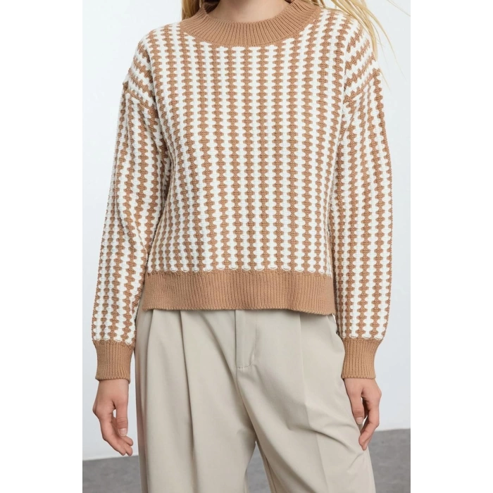 Women Fashion Stylish Crew Neck Standard Sleeve Regular Basic Striped Knitwear Sweater
