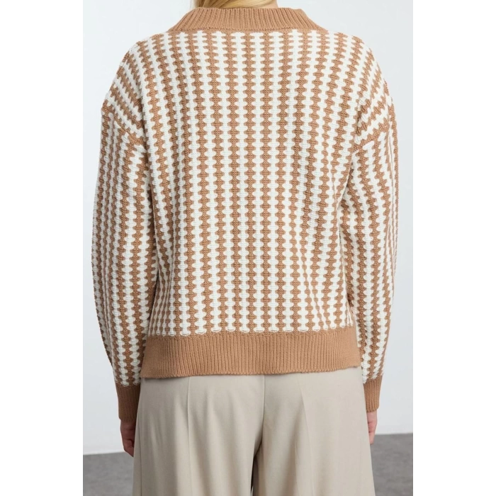Women Fashion Stylish Crew Neck Standard Sleeve Regular Basic Striped Knitwear Sweater