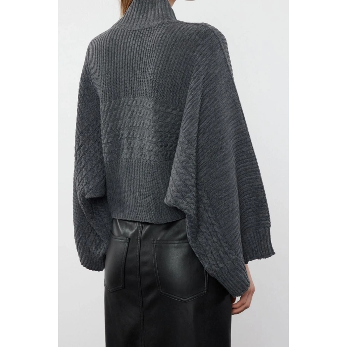 Women Fashion Stylish Stand Collar Standard Sleeve Regular Crop Basic Hair Knitted Sweater