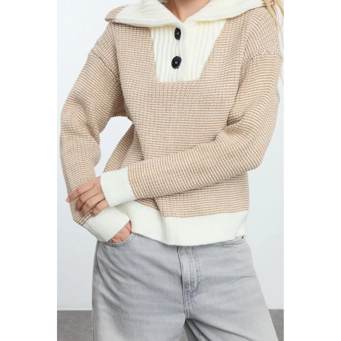 Women Fashion Stylish Turn-down Collar Standard Sleeve Regular Collar Detailed Knitwear Sweater