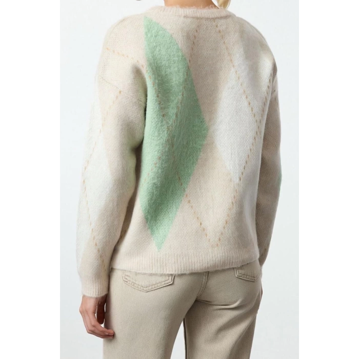Women Fashion Stylish Crew Neck Standard Sleeve Regular Soft Textured Diamond Patterned Knitwear Sweater