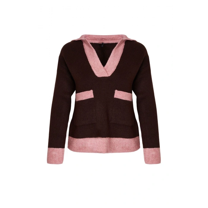 Women Fashion Stylish Polo Neck Standard Sleeve Regular Soft Texture Color Block Knitwear Sweater