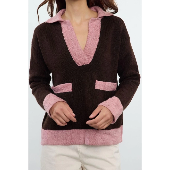Women Fashion Stylish Polo Neck Standard Sleeve Regular Soft Texture Color Block Knitwear Sweater