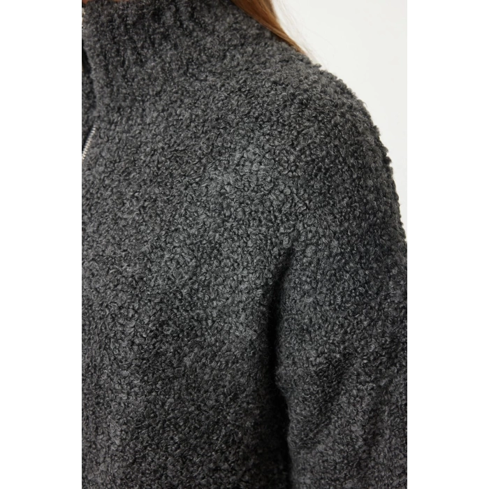 Women Fashion Stylish Stand Collar Standard Sleeve Regular Boucle Yarn Knitwear Sweater