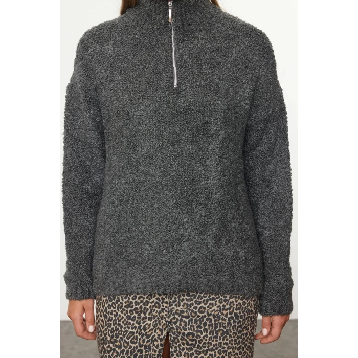 Women Fashion Stylish Stand Collar Standard Sleeve Regular Boucle Yarn Knitwear Sweater
