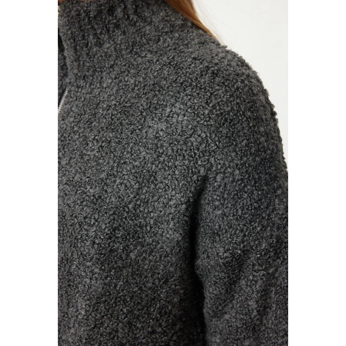 Women Fashion Stylish Stand Collar Standard Sleeve Regular Boucle Yarn Knitwear Sweater
