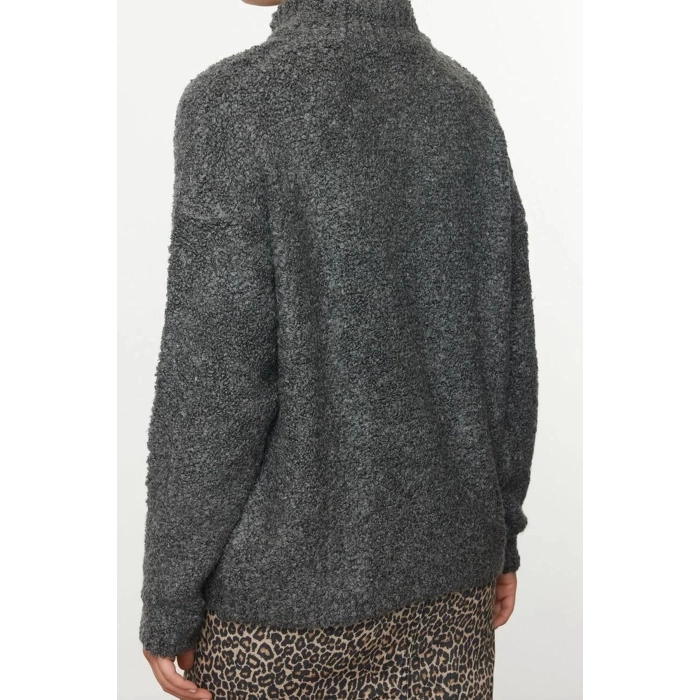 Women Fashion Stylish Stand Collar Standard Sleeve Regular Boucle Yarn Knitwear Sweater