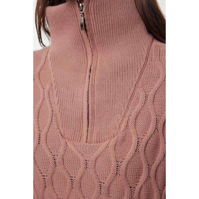 Women Fashion Stylish Polo Neck Standard Sleeve Regular Wide Pattern Hair Knitted Stand Collar Knitwear Sweater