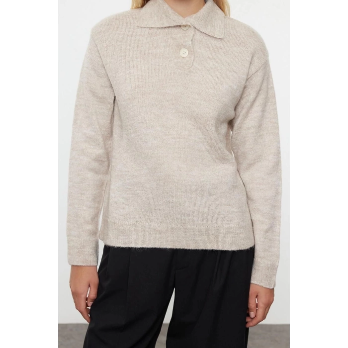 Womens Fashion Stylish Polo Neck Standard Sleeve Regular Soft Texture Wide Pattern Knitwear Sweater