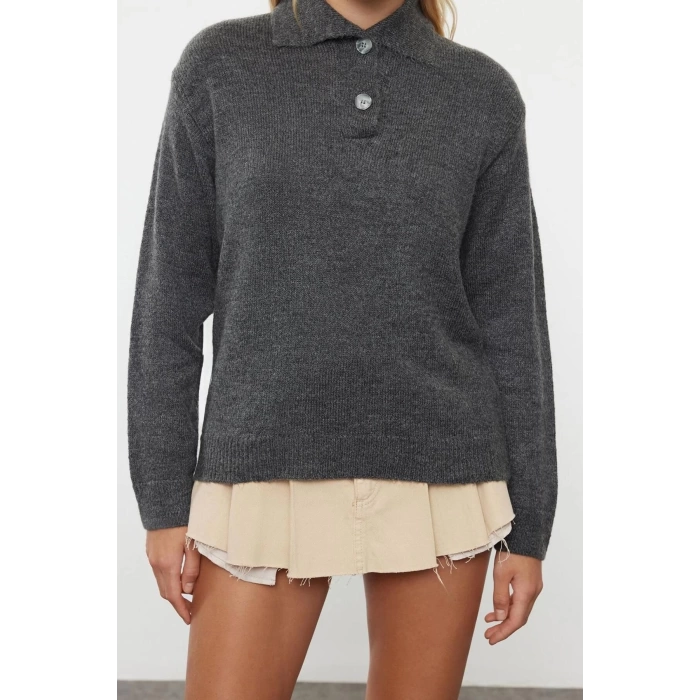 Womens Fashion Stylish Polo Neck Standard Sleeve Regular Soft Texture Wide Pattern Knitwear Sweater
