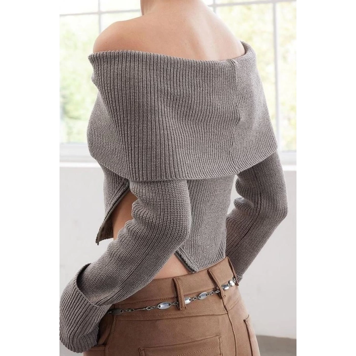 Women Fashion Stylish Carmen Collar Standard Sleeve Regular Ribbed Knitwear Sweater