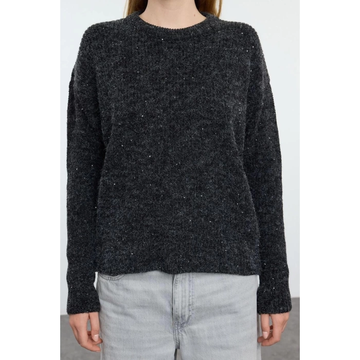 Women Fashion Stylish Crew Neck Standard Sleeve Sequined Soft Texture Knitwear Sweater